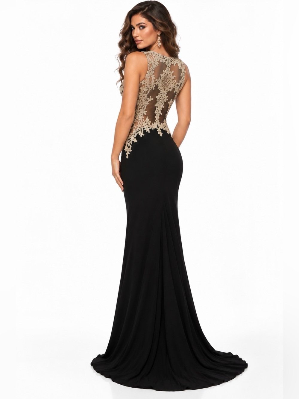 JVN by Jovani Black Maxi Gown with Gold Lace Illusion Back
